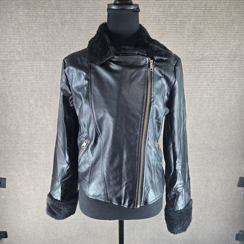 Love Star Womens Medium Black Faux Fur Trim Quilted Moto Biker Jacket
